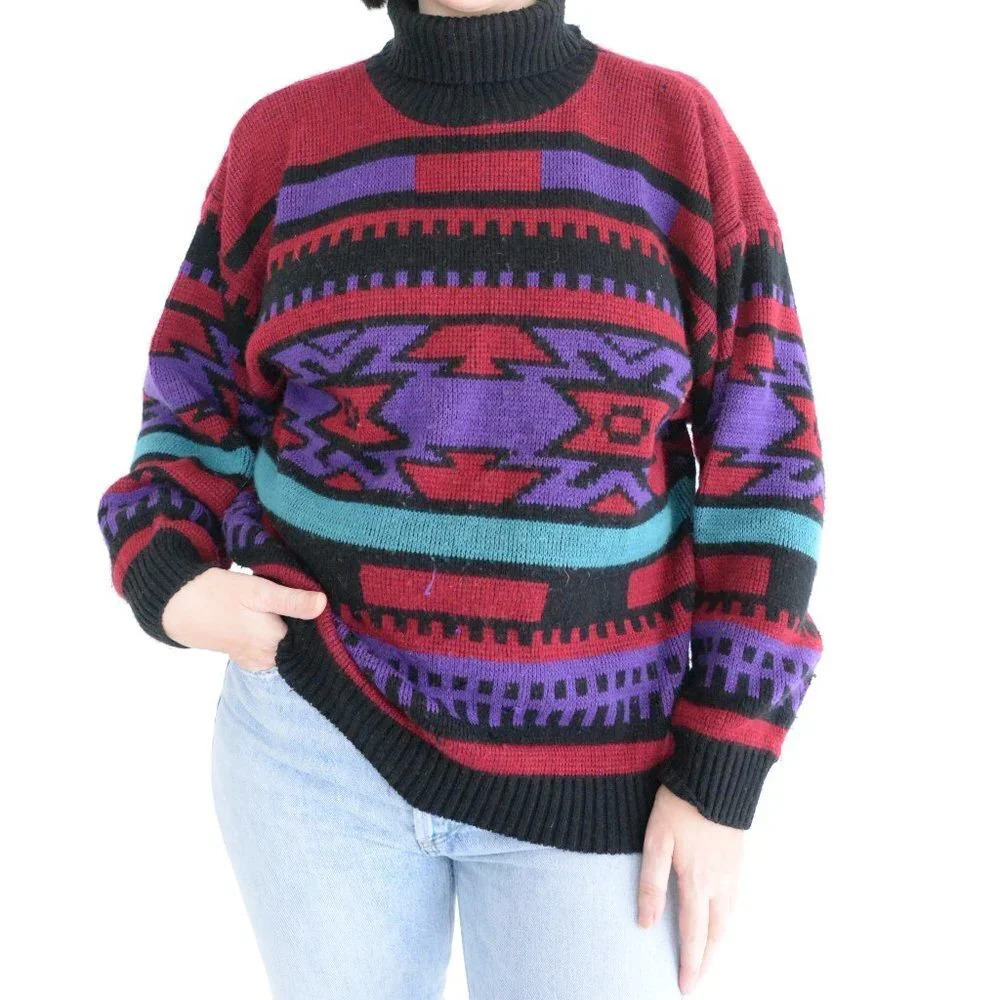 Vintage Vanderbilt Maroon Black Purple Aztec Geometri Turtleneck Knit Sweater M